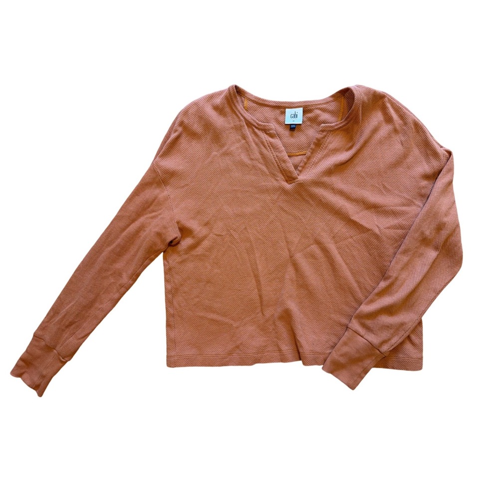Cabi Waffle Tee 4369 Rust Orange Knit Thermal Henley V-Neck Long Sleeve Top M